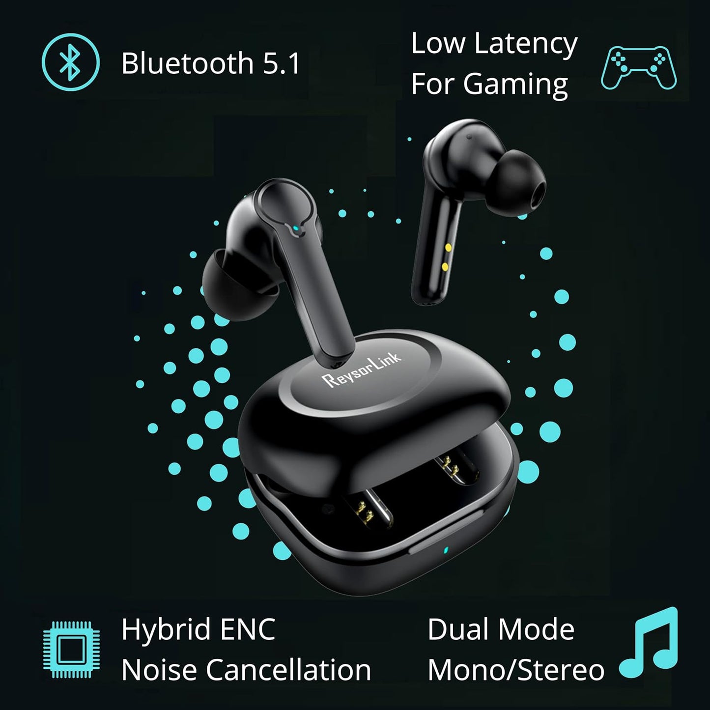 ReysorLink LivePods, 10mm Composite PEEK Drivers, Deep Bass, Bluetooth 5.1, 50ms Low Latency, Smart Touch Control, IPX5 Waterproof, 32 Hrs Playtime, Type-C Charging, Dual Mic, ENC, 1 Year Door-Step Warranty